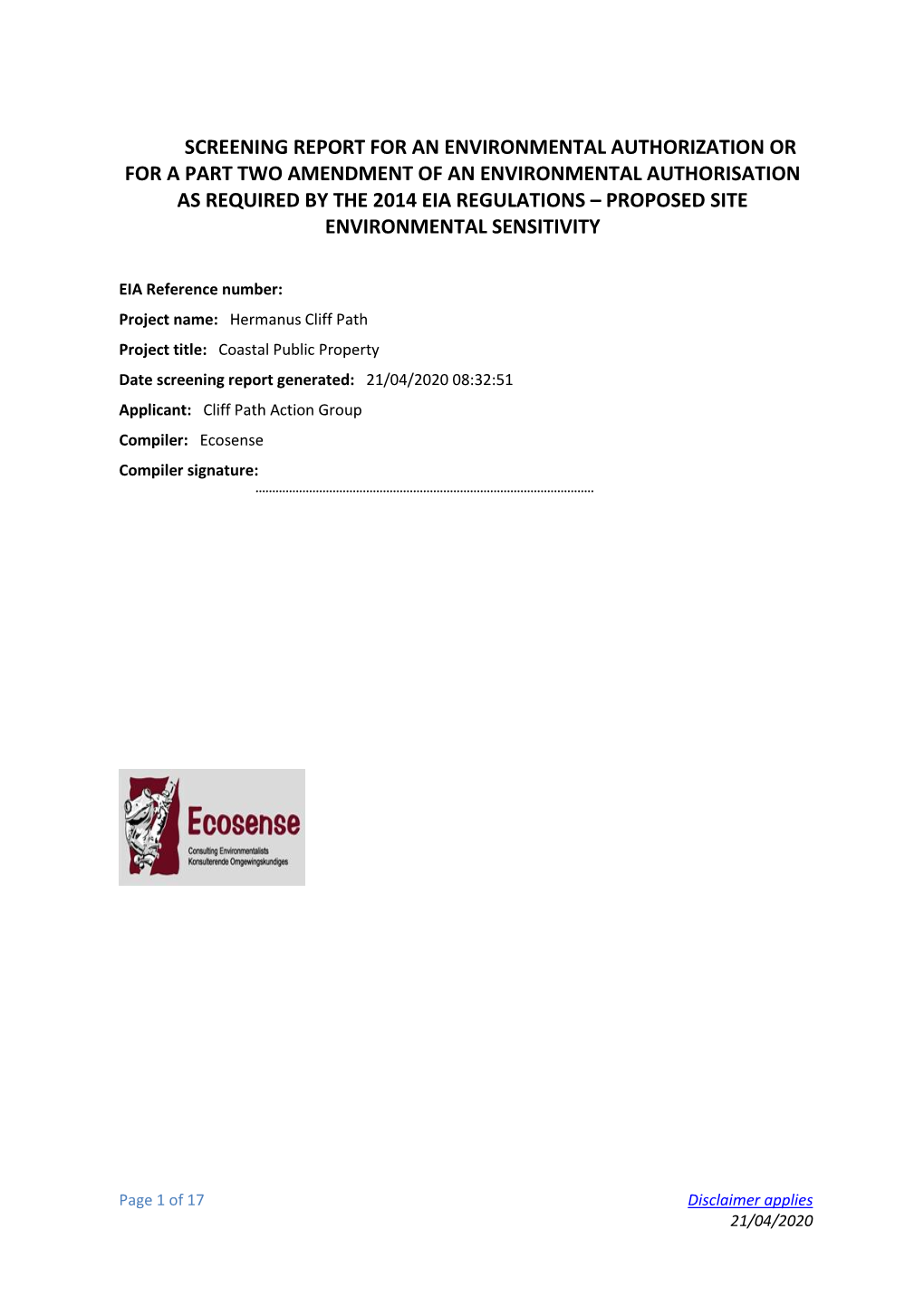 Screening Report for an Environmental