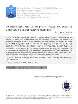 Formulate Equations for Reciprocity Vector and Scalar of Some Mechanical and Electrical Quantities by Faisal A