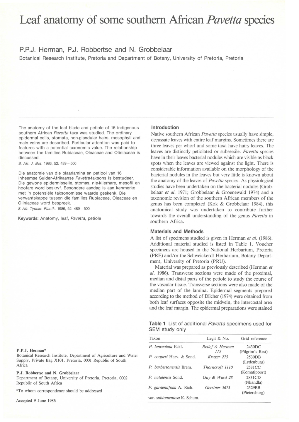 Leaf Anatomy of Some Southern African Pavetta Species