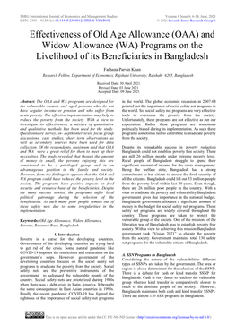 Effectiveness of Old Age Allowance (OAA) and Widow Allowance (WA) Programs on the Livelihood of Its Beneficiaries in Bangladesh