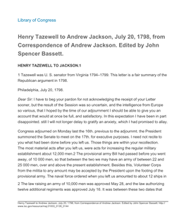 Henry Tazewell to Andrew Jackson, July 20, 1798, from Correspondence of Andrew Jackson