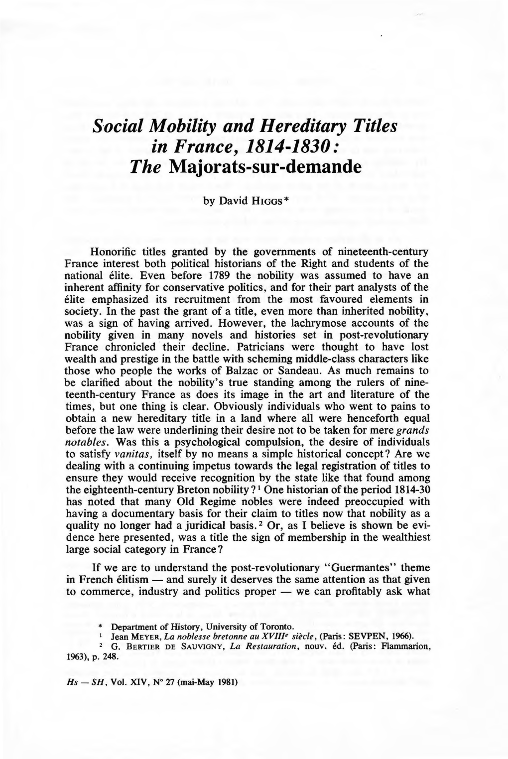 Social Mobility and Hereditary Titles in France, 1814-1830: the Majorats-Sur-Demande