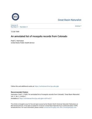 An Annotated List of Mosquito Records from Colorado