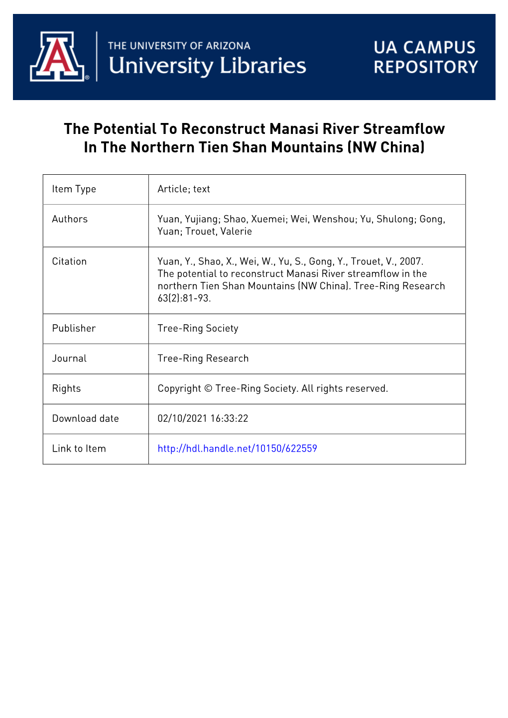 The Potential to Reconstruct Manasi River Streamflow in the Northern Tien Shan Mountains (NW China)