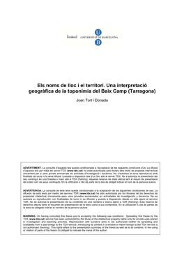 Els Noms De Lloc I El Territori. Una Interpretació Geogràfica De La Toponímia Del Baix Camp (Tarragona)