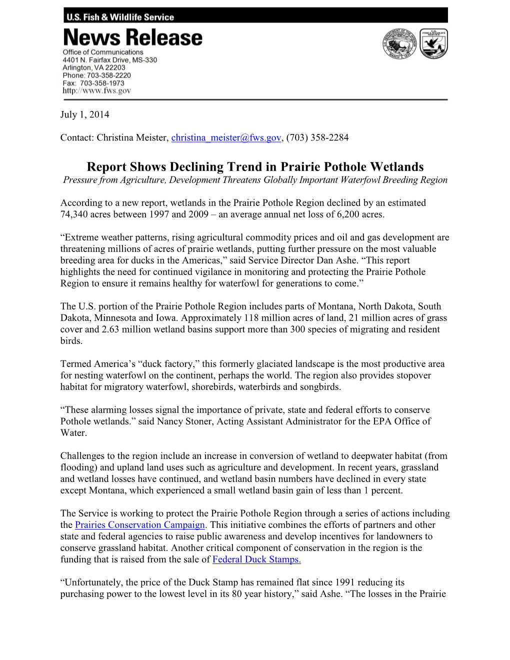 Report Shows Declining Trend in Prairie Pothole Wetlands Pressure from Agriculture, Development Threatens Globally Important Waterfowl Breeding Region