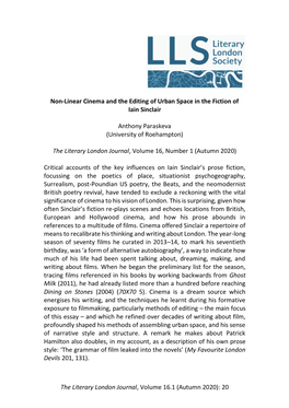 The Literary London Journal, Volume 16.1 (Autumn 2020): 20 Non-Linear Cinema and the Editing of Urban Space in the Fiction of Ia