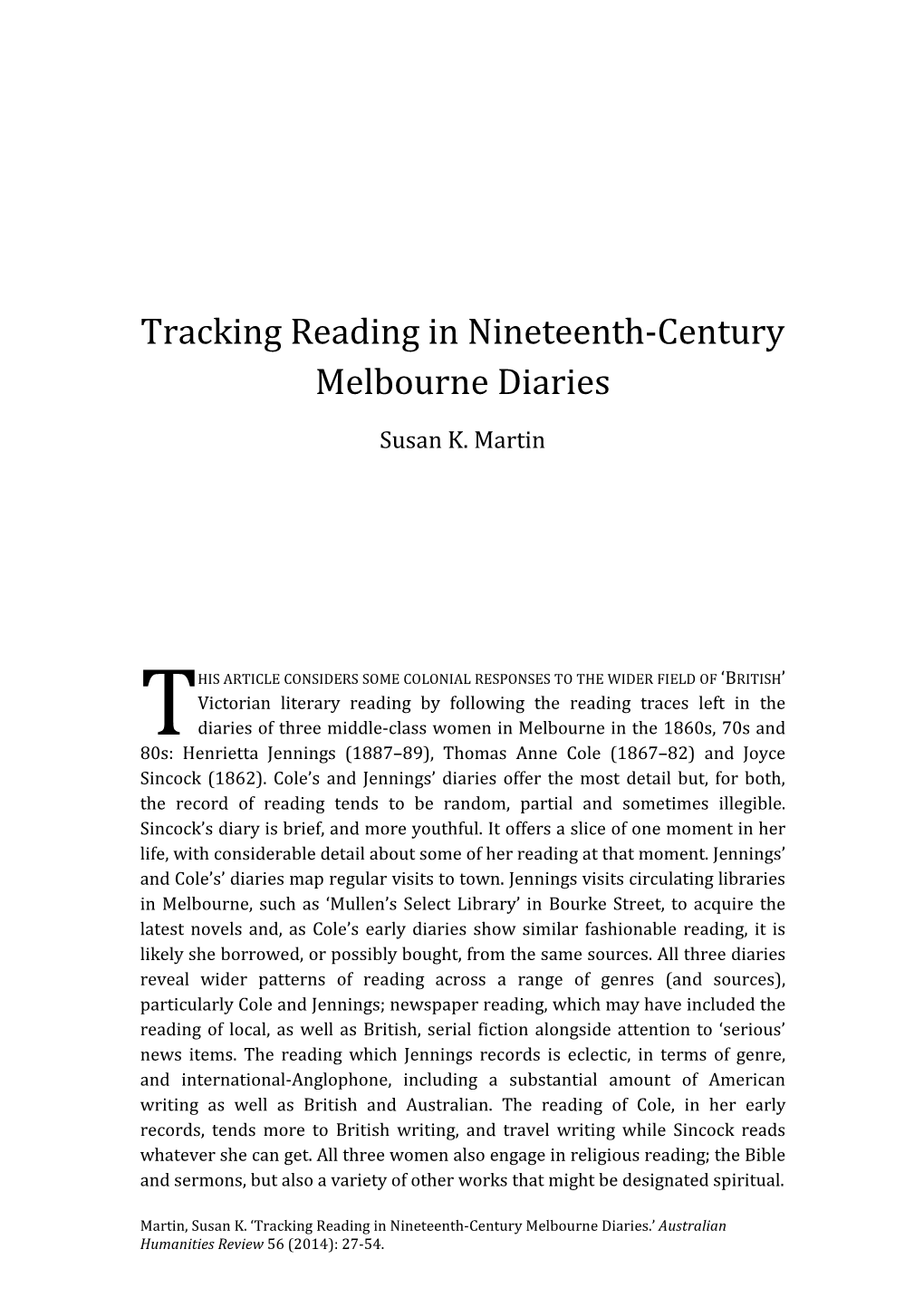 Tracking Reading in Nineteenth-Century Melbourne Diaries