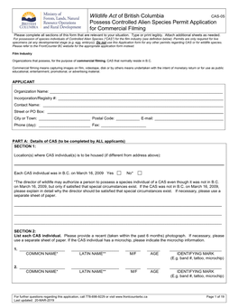 Controlled Alien Species Permit Application for Commercial Filming Please Complete All Sections of This Form That Are Relevant to Your Situation