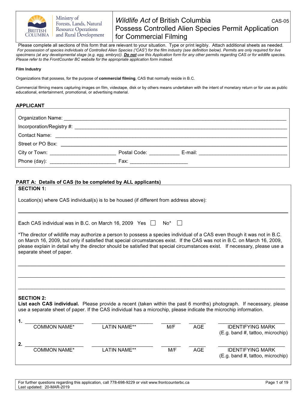Controlled Alien Species Permit Application for Commercial Filming Please Complete All Sections of This Form That Are Relevant to Your Situation