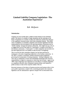 Limited Liability Company Legislation - the Australian Experience*