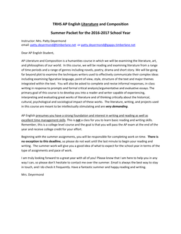 TRHS AP English Literature and Composition Summer Packet for The