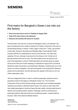 First Metro for Bangkok's Green Line Rolls out the Factory