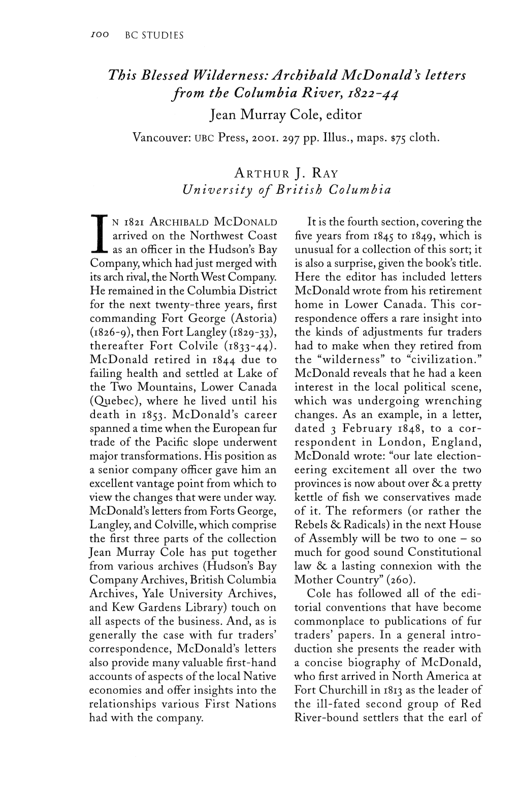 Archibald Mcdonald's Letters from the Columbia River, 1822-44 Jean Murray Cole, Editor Vancouver: UBC Press, 2001