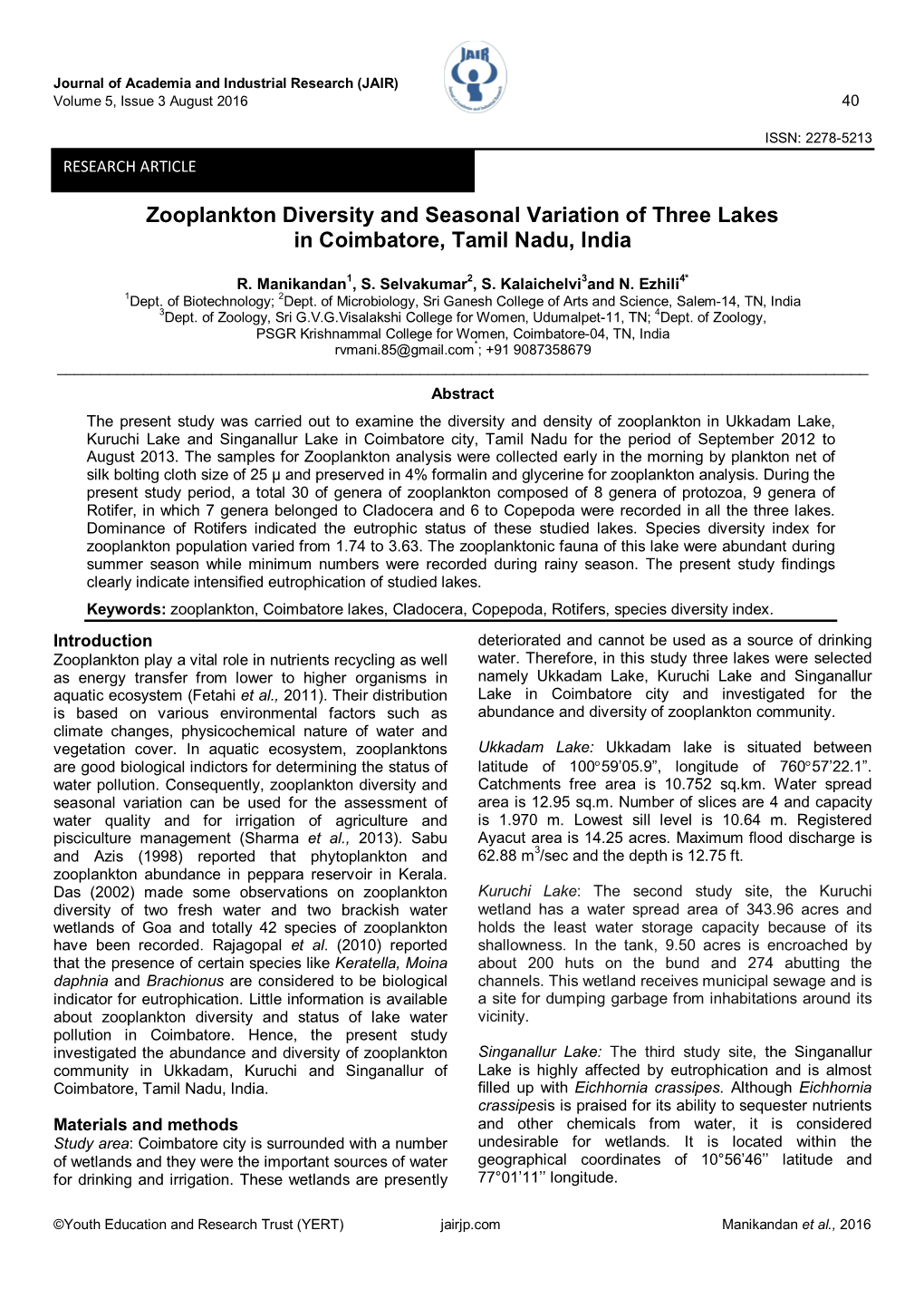 Zooplankton Diversity and Seasonal Variation of Three Lakes in Coimbatore, Tamil Nadu, India