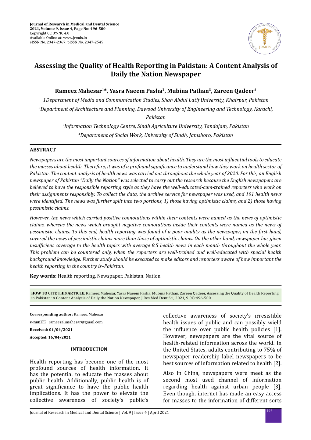 Assessing the Quality of Health Reporting in Pakistan: a Content Analysis of Daily the Nation Newspaper