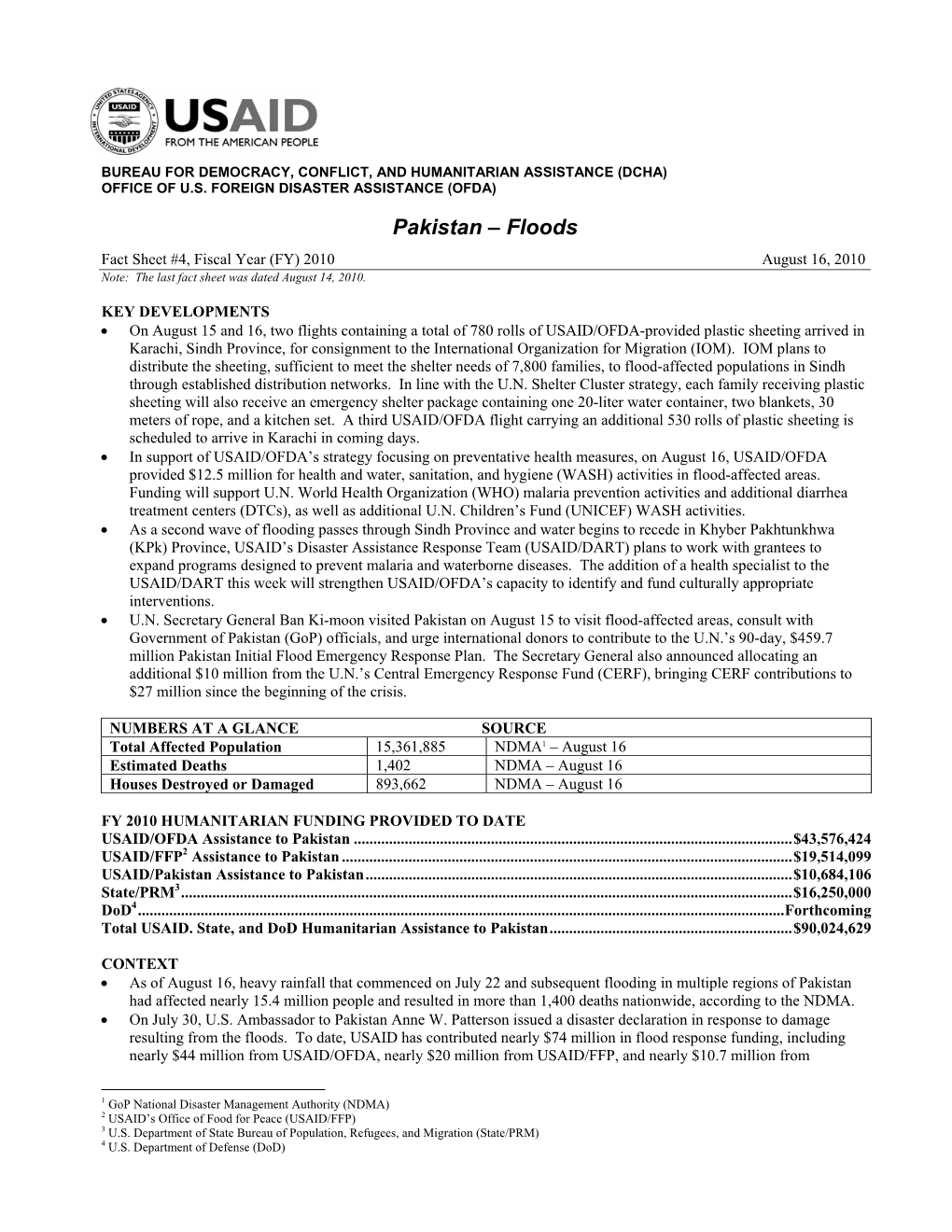 USAID/OFDA Pakistan Floods Fact Sheet #4 8/16/2010