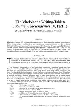 The Vindolanda Writing-Tablets A.K