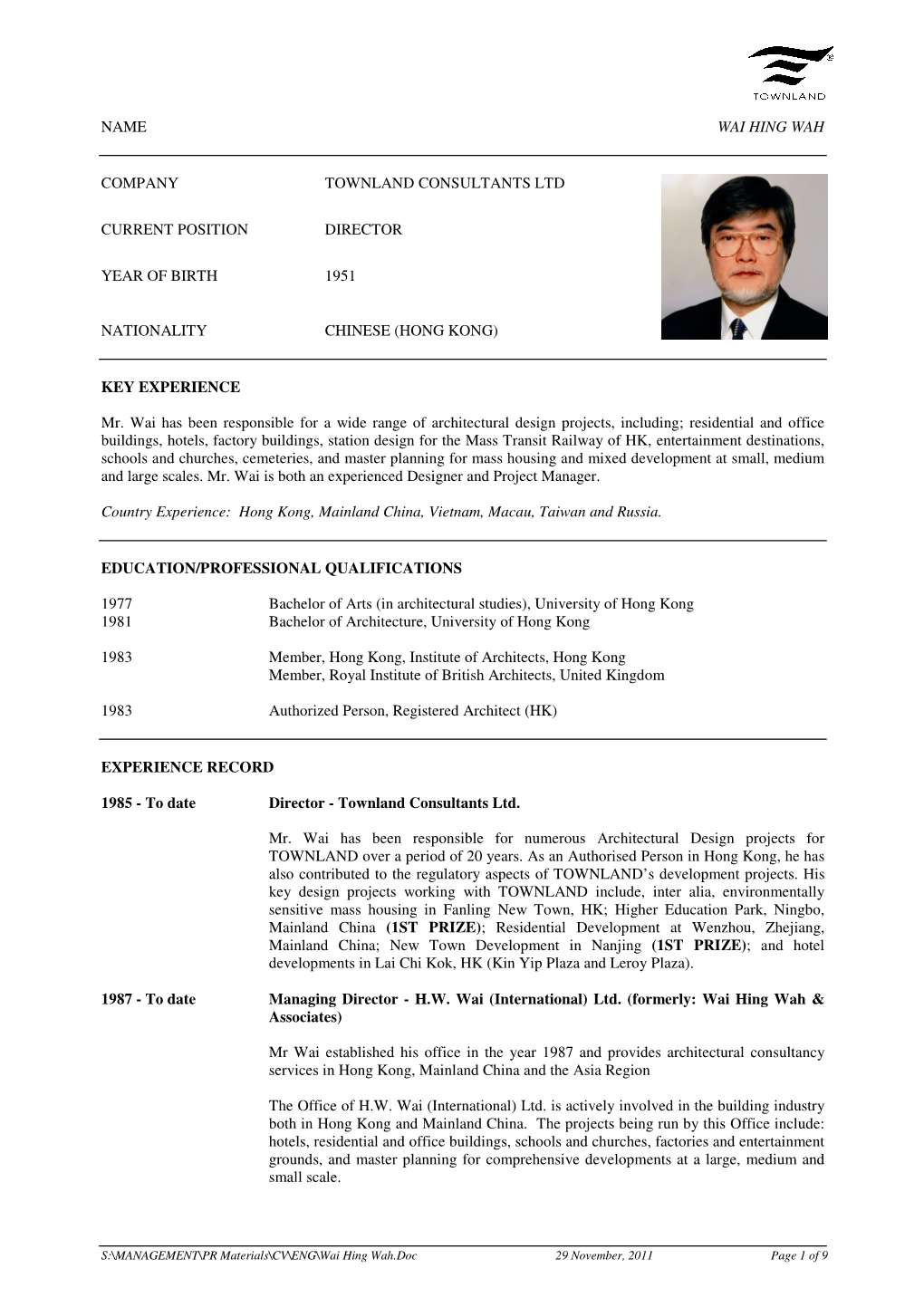 Name Wai Hing Wah Company Townland Consultants Ltd
