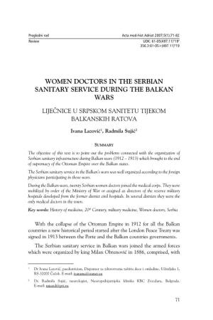 Women Doctors in the Serbian Sanitary Service During the Balkan Wars