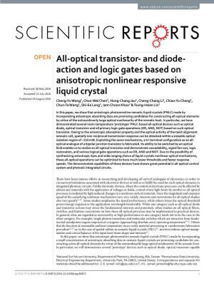 All-Optical Transistor- and Diode-Action and Logic Gates Based on Anisotropic Nonlinear Responsive Liquid Crystal