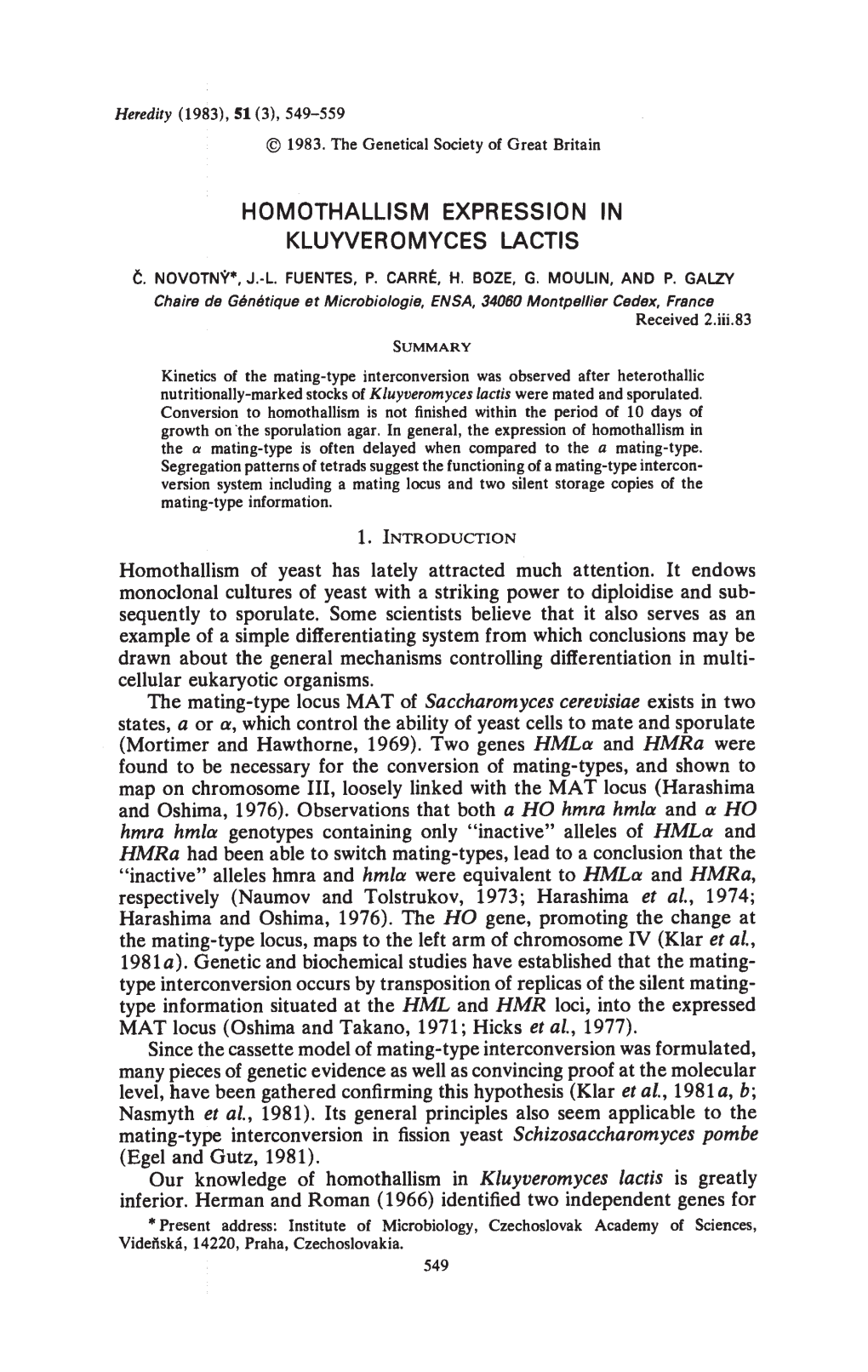 Homothallism Expression in Kluyveromyces Lactis