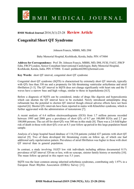 BMH Medical Journal 2016;3(1):23-28 Review Article Congenital Short QT Syndrome