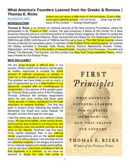 Thomas E. Ricks Unless We Can Return a Little More to First Principles, & Act a Little Th November 24 , 2020 More Upon Patriotic Ground, I Do Not Know