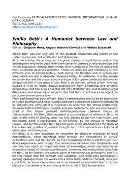 Emilio Betti : a Humanist Between Law and Philosophy Editors: Gaspare Mura, Angelo Antonio Cervati and Vinicio Busacchi
