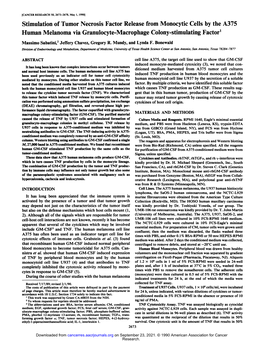 Stimulation of Tumor Necrosis Factor Release from Monocytic Cells by the A375 Human Melanoma Via Granulocyte-Macrophage Colony-Stimulating Factor1