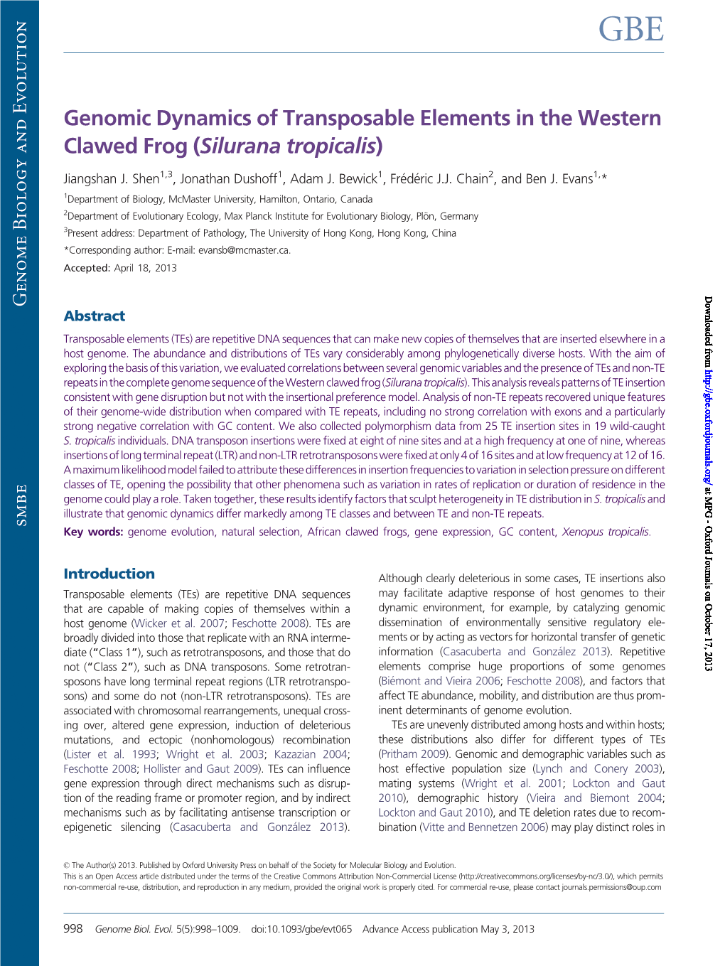 Genomic Dynamics of Transposable Elements in the Western Clawed Frog (Silurana Tropicalis)