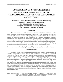 Consumer Style Inventory (Csi) Re- Examined: Its Implications in the Telecommunication Services Consumption Among Youths