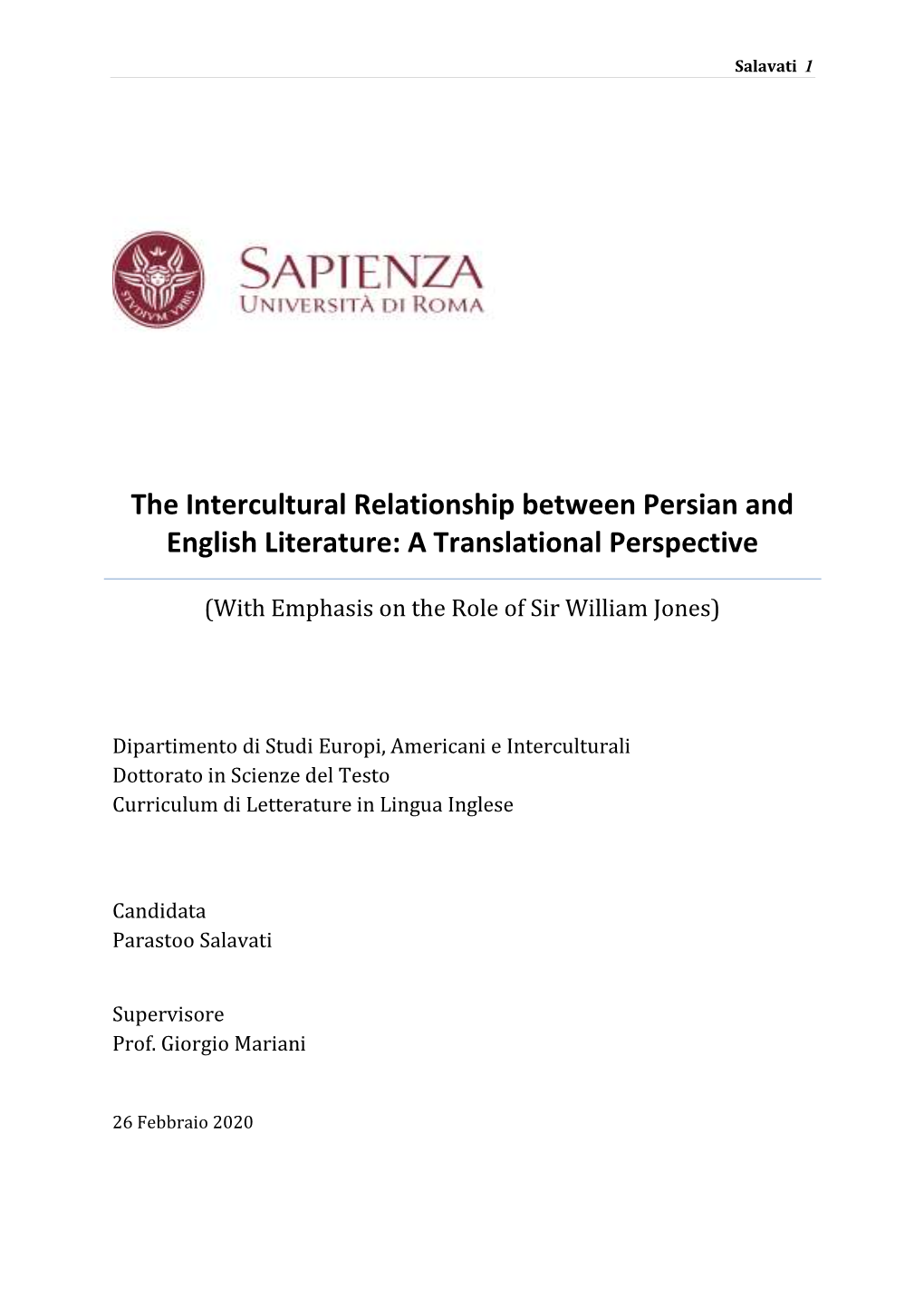 The Intercultural Relationship Between Persian and English Literature: a Translational Perspective