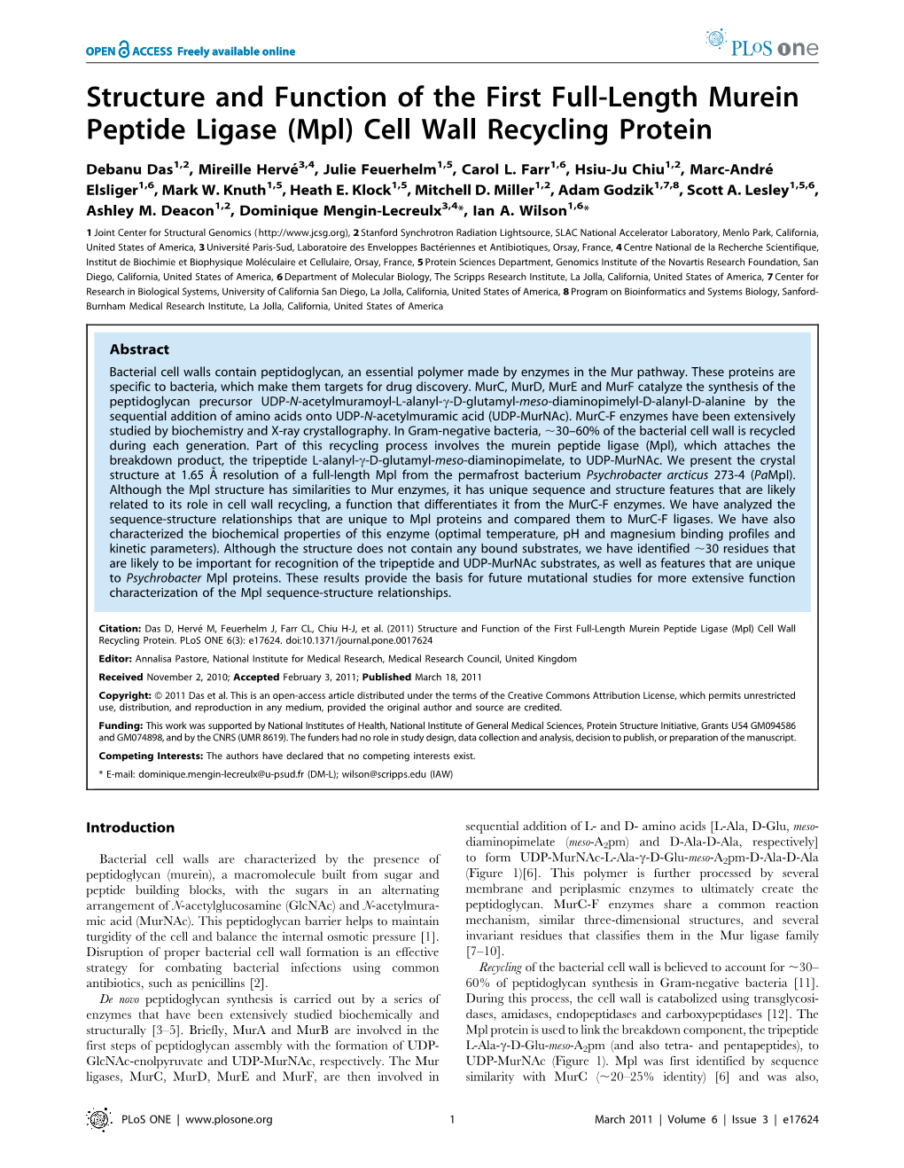 Structure and Function of the First Full-Length Murein Peptide Ligase (Mpl) Cell Wall Recycling Protein