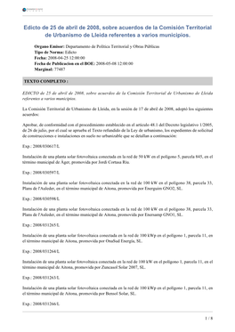 Edicto De 25 De Abril De 2008, Sobre Acuerdos De La Comisión Territorial De Urbanismo De Lleida Referentes a Varios Municipios