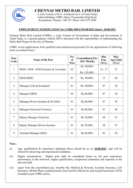 Employment Notification No.CMRL-HR-CON-08-2021 Dated