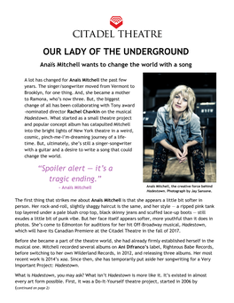 OUR LADY of the UNDERGROUND Anaïs Mitchell Wants to Change the World with a Song
