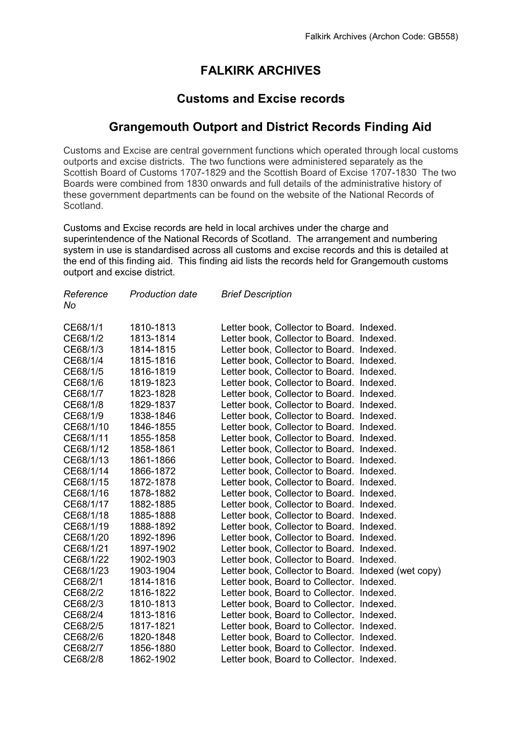 Grangemouth Customs Outport and Excise District Finding