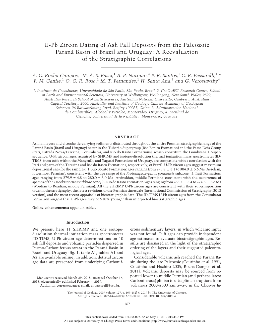 U-Pb Zircon Dating of Ash Fall Deposits from the Paleozoic Paraná Basin of Brazil and Uruguay: a Reevaluation of the Stratigraphic Correlations