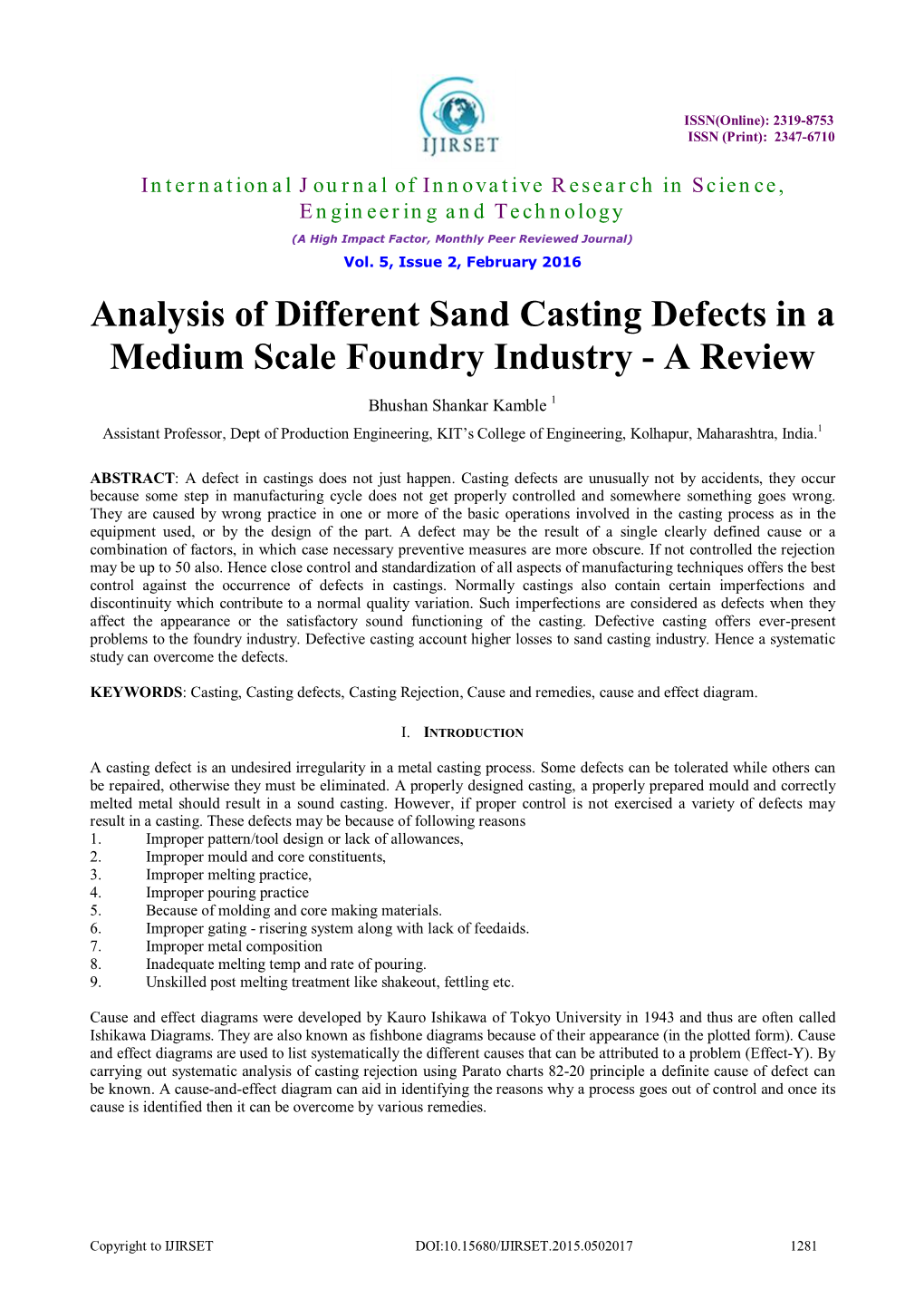 Analysis of Different Sand Casting Defects in a Medium Scale Foundry Industry - a Review