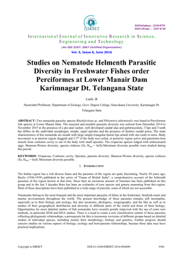 Studies on Nematode Helmenth Parasitic Diversity in Freshwater Fishes Order Perciformes at Lower Manair Dam Karimnagar Dt
