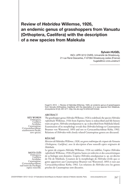 Review of Hebridea Willemse, 1926, an Endemic Genus of Grasshoppers from Vanuatu (Orthoptera, Caelifera) with the Description of a New Species from Malekula