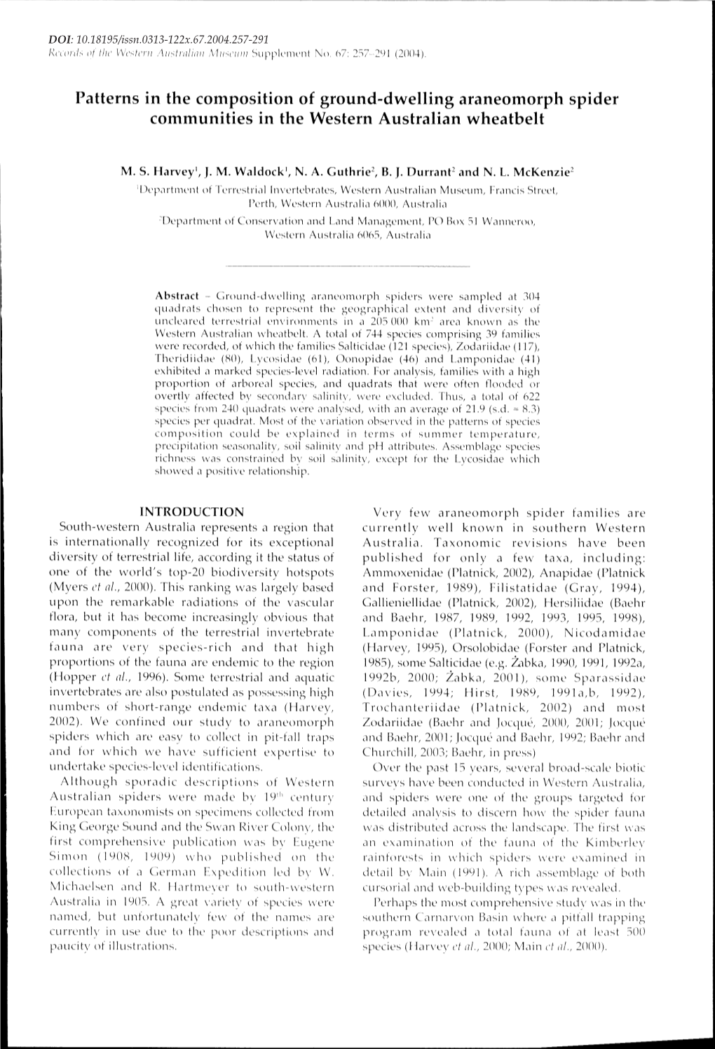 Patterns in the Composition of Ground-Dwelling Araneomorph Spider Communities in the Western Australian Wheatbelt