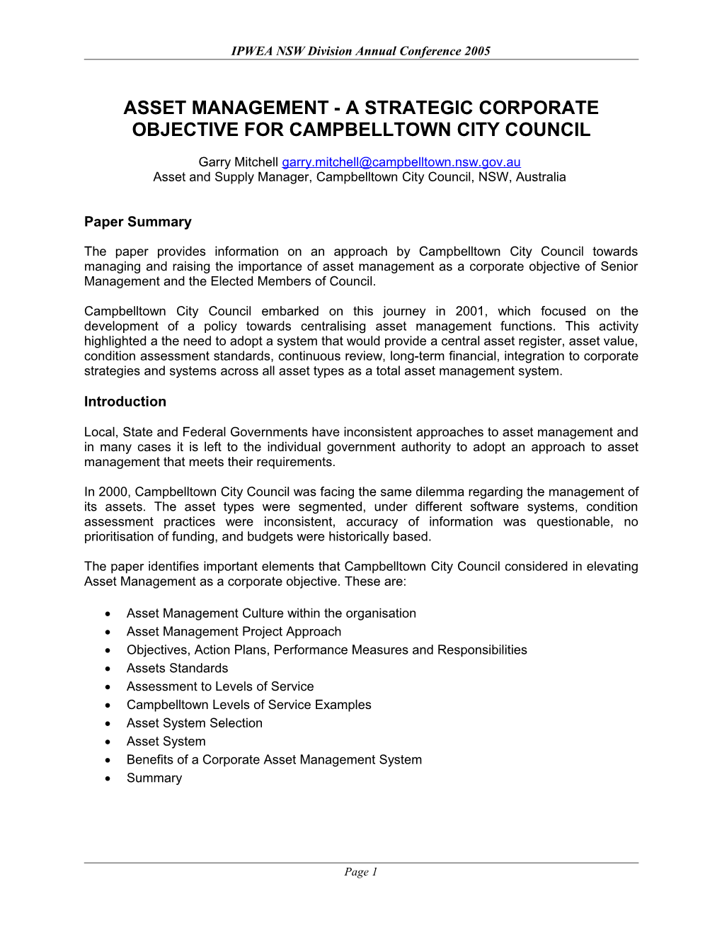 Asset Management - A Strategic Corporate Objective For Campbelltown City Council