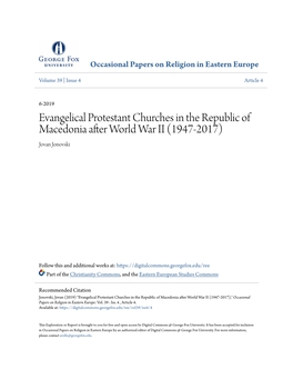 Evangelical Protestant Churches in the Republic of Macedonia After World War II (1947-2017) Jovan Jonovski