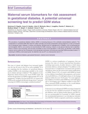 Maternal Serum Biomarkers for Risk Assessment in Gestational Diabetes. a Potential Universal Screening Test to Predict GDM Status