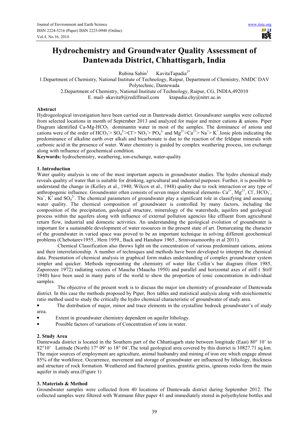 Hydrochemistry and Groundwater Quality Assessment of Dantewada District, Chhattisgarh, India