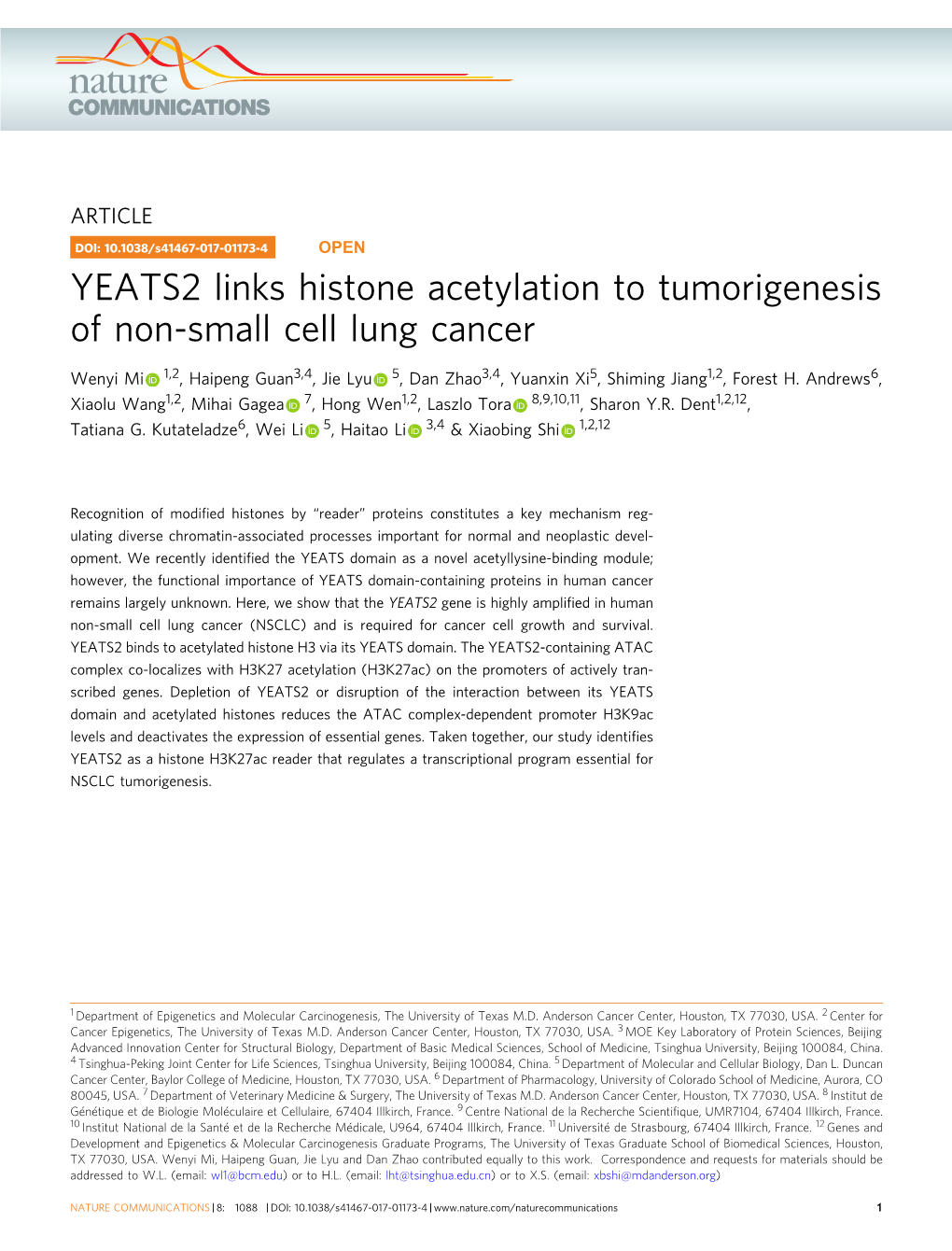 YEATS2 Links Histone Acetylation to Tumorigenesis of Non-Small Cell Lung Cancer