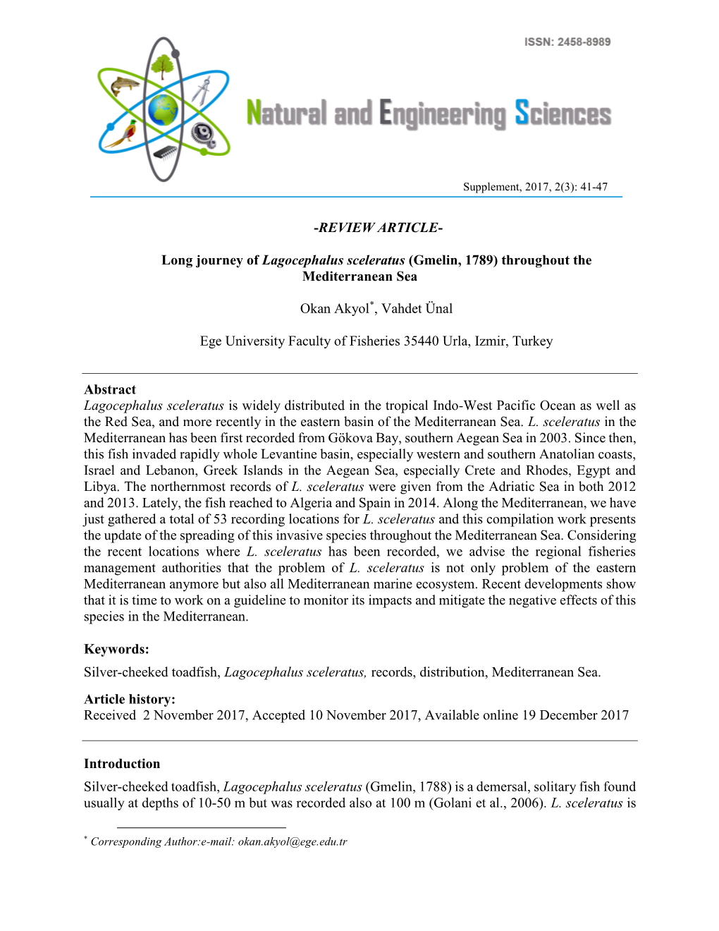 Long Journey of Lagocephalus Sceleratus (Gmelin, 1789) Throughout the Mediterranean Sea