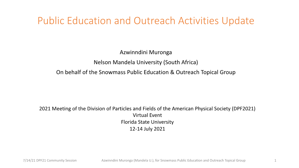 Public Education and Outreach Activities Update